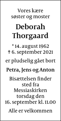 Dødsannoncen for Deborah Thorgaard - Charlottenlund