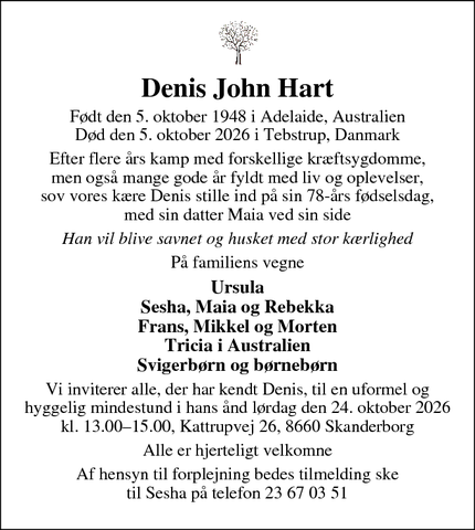 Dødsannoncen for Denis John Hart - Skanderborg