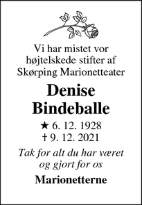 Dødsannoncen for Denise
Bindeballe - Skørping