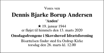 Dødsannoncen for Dennis Bjarke Borup Andersen - Charlottenlund