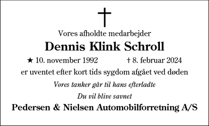 Dødsannoncen for Dennis Klink Schroll - Sønderborg
