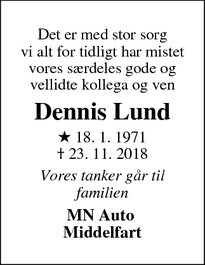 Dødsannoncen for Dennis Lund - Brenderup