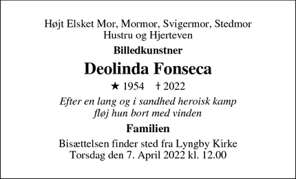 Dødsannoncen for Deolinda Fonseca - Kgs. Lyngby