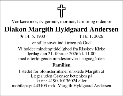 Dødsannoncen for Diakon Margith Hyldgaard Andersen - Hornslet