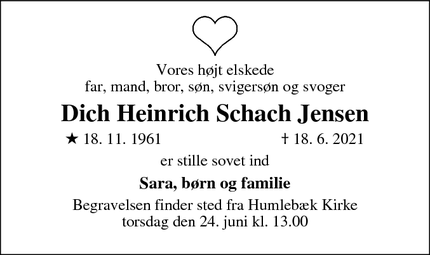 Dødsannoncen for Dich Heinrich Schach Jensen - Korsør