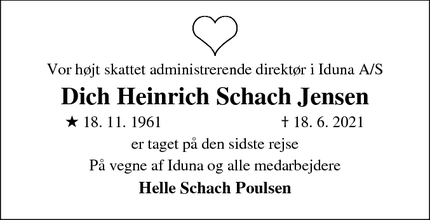 Dødsannoncen for Dich Heinrich Schach Jensen - Korsør