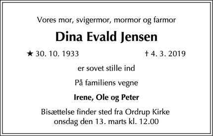 Dødsannoncen for Dina Evald Jensen - Charlottenlund