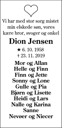 Dødsannoncen for Dion Jensen - Esbjerg