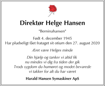 Dødsannoncen for Direktør Helge Hansen  - FREDERIKSBERG