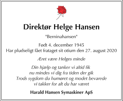 Dødsannoncen for Direktør Helge Hansen  - FREDERIKSBERG