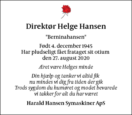 Dødsannoncen for Direktør Helge Hansen  - FREDERIKSBERG