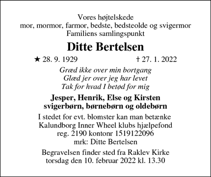 Dødsannoncen for Ditte Bertelsen - Kalundborg