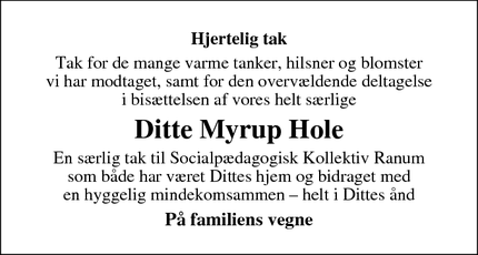 Dødsannoncen for Ditte Myrup Hole - Svingelbjerg
