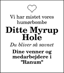 Dødsannoncen for Ditte Myrup
Hole - Ranum
