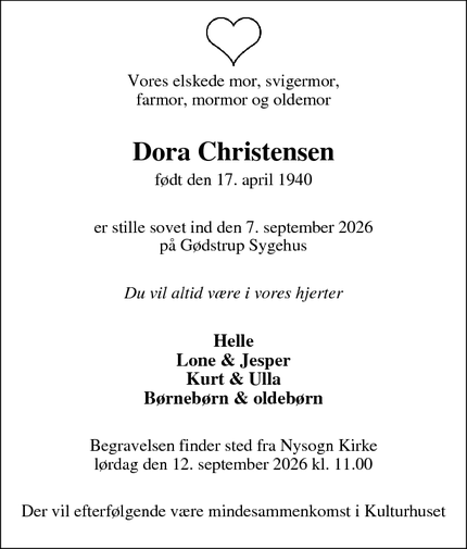 Dødsannoncen for Dora Christensen - Ringkøbing