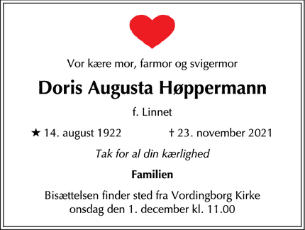 Dødsannoncen for Doris Augusta Høppermann - Vordingborg