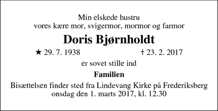 Dødsannoncen for Doris Bjørnholdt - Frederiksberg