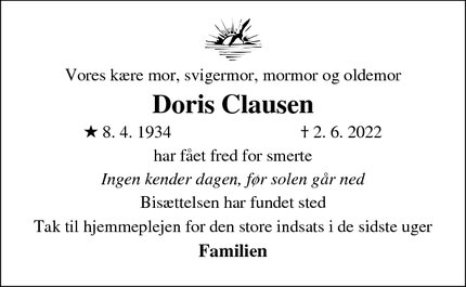 Dødsannoncen for Doris Clausen - Viborg