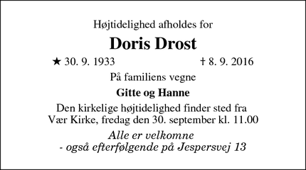 Dødsannoncen for Doris Drost - Horsens