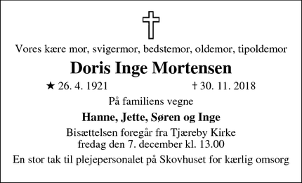 Dødsannoncen for Doris Inge Mortensen - Hillerød