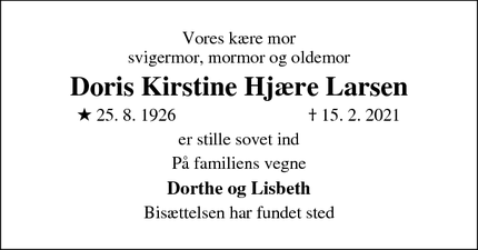 Dødsannoncen for Doris Kirstine Hjære Larsen - Odense n