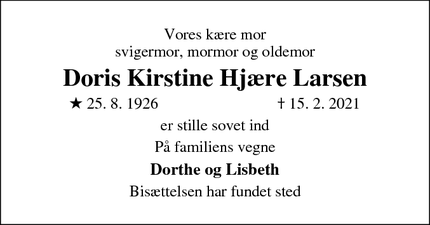 Dødsannoncen for Doris Kirstine Hjære Larsen - Odense n