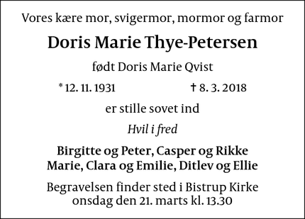 Dødsannoncen for Doris Marie Thye-Petersen
 født Doris Marie Qvist - Birkerød