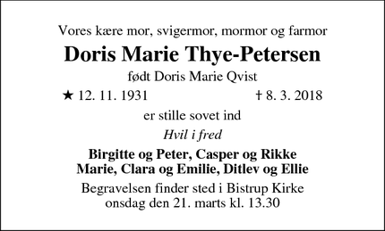 Dødsannoncen for Doris Marie Thye-Petersen
født Doris Marie Qvist - Birkerød