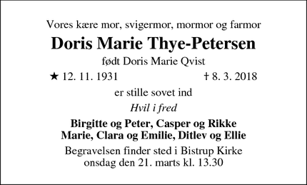 Dødsannoncen for Doris Marie Thye-Petersen
 født Doris Marie Qvist - Birkerød