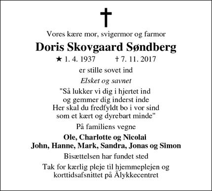 Dødsannoncen for Doris Skovgaard Søndberg - Odder