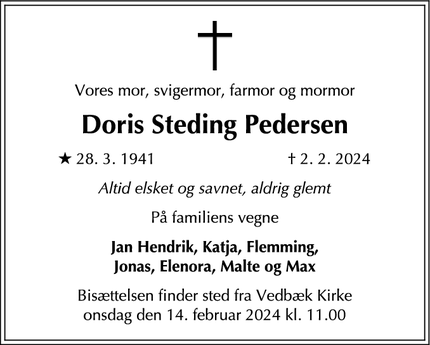 Dødsannoncen for Doris Steding Pedersen - Regstrup