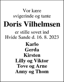 Dødsannoncen for Doris Vilhelmsen - Hvide Sande