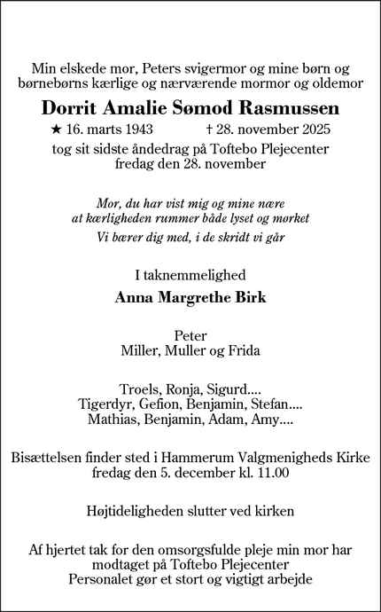 Dødsannoncen for Dorrit Amalie S&oslash;mod Rasmussen - Kibæk