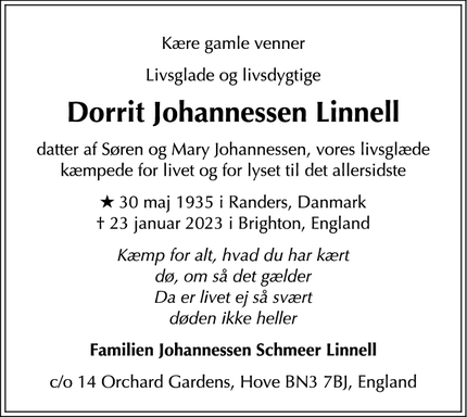 Dødsannoncen for Dorrit Johannessen Linnell - Aarhus