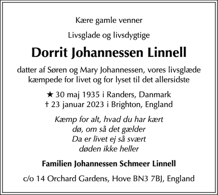 Dødsannoncen for Dorrit Johannessen Linnell - Aarhus