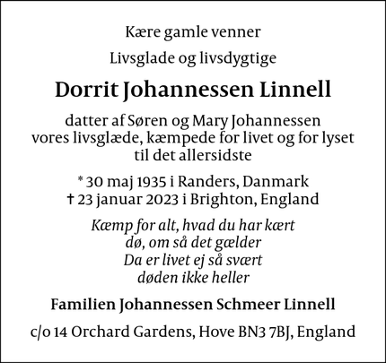 Dødsannoncen for Dorrit Johannessen Linnell - Aarhus