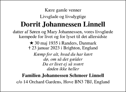 Dødsannoncen for Dorrit Johannessen Linnell - Aarhus