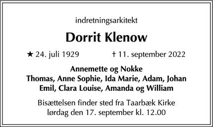 Dødsannoncen for Dorrit Klenow - Gentofte