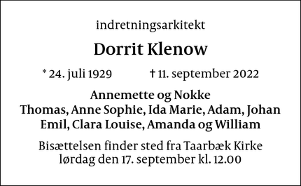 Dødsannoncen for Dorrit Klenow - Gentofte