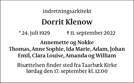 Dødsannoncen for Dorrit Klenow - Gentofte