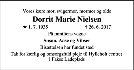 Dødsannoncen for Dorrit Marie Nielsen - Haslev
