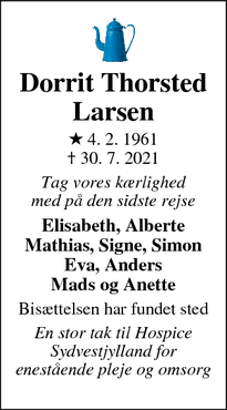 Dødsannoncen for Dorrit Thorsted Larsen - Esbjerg