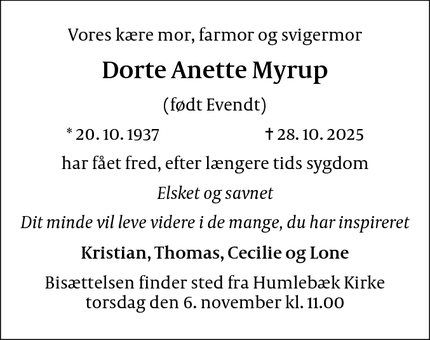 Dødsannoncen for Dorte Anette Myrup - Humlebæk