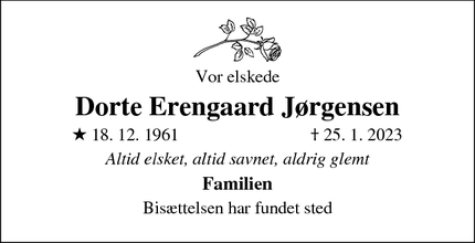 Dødsannoncen for Dorte Erengaard Jørgensen - Fredericia