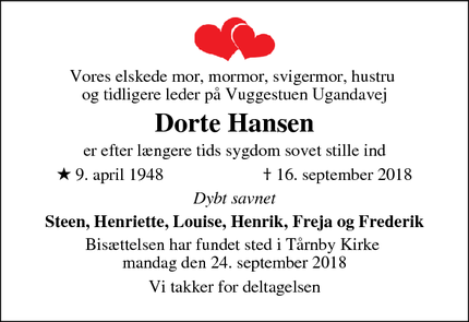 Dødsannoncen for Dorte Hansen - Kastrup