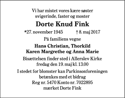 Dødsannoncen for Dorte Knud Fink - Ringsted