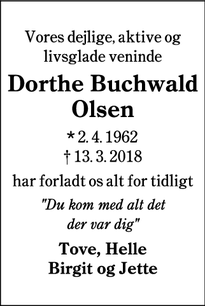 Dødsannoncen for Dorthe Buchwald Olsen - Kolding