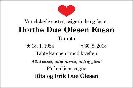 Dødsannoncen for Dorthe Due Olesen Ensan - TOFTLUND
