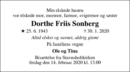 Dødsannoncen for Dorthe Friis Sonberg - Farum