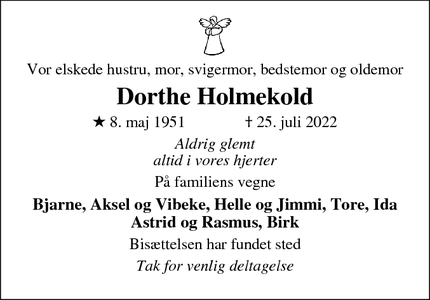Dødsannoncen for Dorthe Holmekold - Struer